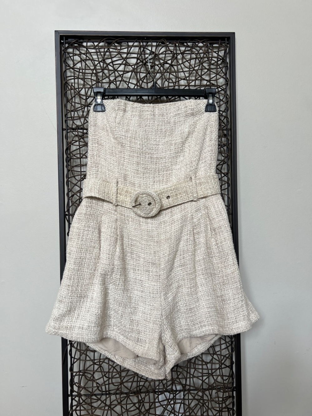 Olivaceous Anthropologie 100% Cotton Hi Waist Neutral Beige Tweed Belt Romper L